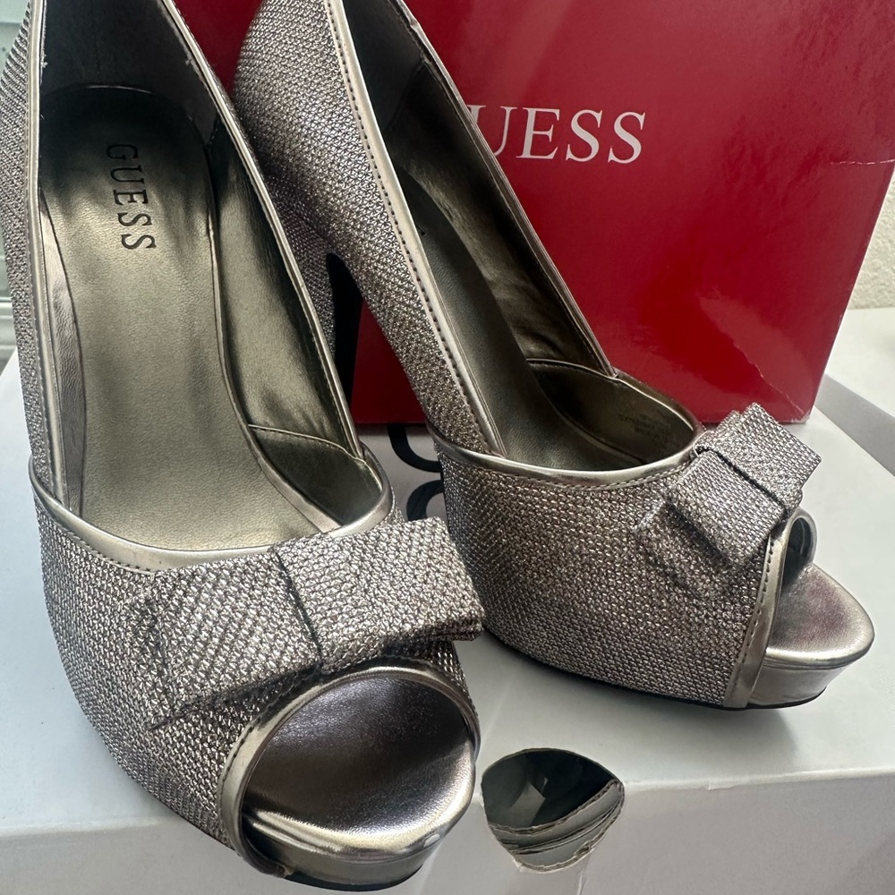 Guess Metallic Silver Heels with Stylish Bow